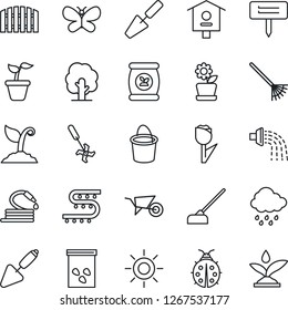 Thin Line Icon Set - trowel vector, rake, seedling, tree, wheelbarrow, bucket, watering, sproute, butterfly, lady bug, sun, rain, hose, hoe, plant label, seeds, bird house, fertilizer, ripper, tulip