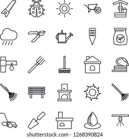Thin Line Icon Set - trowel vector, farm fork, rake, watering can, wheelbarrow, pruner, saw, lawn mower, lady bug, house, water drop, sun, rain, well, hose, plant label, bench, fireplace, fertilizer