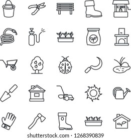 Thin Line Icon Set - trowel vector, watering can, wheelbarrow, bucket, pruner, glove, boot, lawn mower, lady bug, house, seedling, sun, well, hose, sickle, axe, bench, fireplace, pond, fertilizer