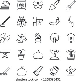 Thin Line Icon Set - trowel vector, shovel, rake, seedling, tree, sproute, glove, saw, butterfly, lady bug, well, hose, hoe, sickle, pumpkin, seeds, caterpillar, pond, picnic table, bird house
