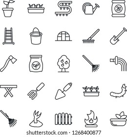 Thin Line Icon Set - trowel vector, garden fork, shovel, fence, rake, ladder, seedling, watering can, bucket, sproute, fire, axe, greenhouse, caterpillar, picnic table, fertilizer, drip irrigation