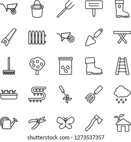Thin Line Icon Set - trowel vector, garden fork, farm, fence, rake, ladder, watering can, wheelbarrow, bucket, pruner, boot, saw, butterfly, seedling, rain, axe, plant label, seeds, picnic table