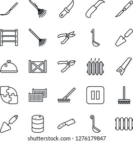 Thin Line Icon Set - trowel vector, rake, pruner, saw, garden knife, scalpel, cargo container, oil barrel, rack, pause button, application, heater, dish, ladle, radiator