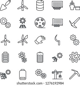 Thin Line Icon Set - trowel vector, glove, sickle, truck trailer, sea port, oil barrel, reel, battery, low, root setup, sun panel, windmill, crane, gear, hard work