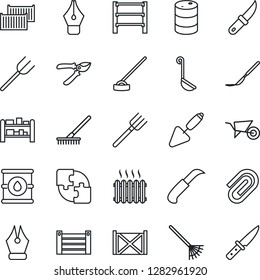 Thin Line Icon Set - trowel vector, farm fork, rake, wheelbarrow, pruner, hoe, garden knife, scalpel, cargo container, oil barrel, rack, application, paper clip, ink pen, heater, ladle