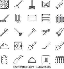 Thin Line Icon Set - trowel vector, farm fork, rake, pruner, saw, hoe, garden knife, scalpel, cargo container, oil barrel, rack, pause button, application, paper clip, heater, dish, radiator
