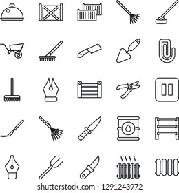 Thin Line Icon Set - trowel vector, farm fork, rake, wheelbarrow, pruner, hoe, garden knife, scalpel, cargo container, oil barrel, rack, pause button, paper clip, ink pen, heater, dish, radiator