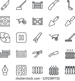 Thin Line Icon Set - trowel vector, rake, wheelbarrow, pruner, saw, hoe, garden knife, cargo container, oil barrel, pause button, application, ink pen, heater, ladle, radiator