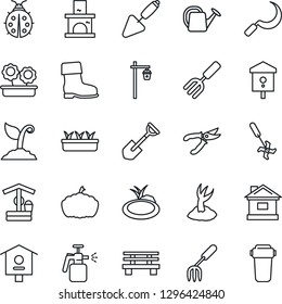 Thin Line Icon Set - trowel vector, garden fork, shovel, watering can, sproute, pruner, boot, lady bug, house, seedling, well, sickle, bench, pumpkin, light, fireplace, pond, bird, sprayer, ripper