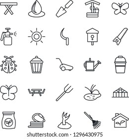 Thin Line Icon Set - trowel vector, farm fork, rake, watering can, bucket, sproute, saw, lawn mower, butterfly, lady bug, water drop, sun, well, hose, sickle, garden light, greenhouse, pond, sprayer