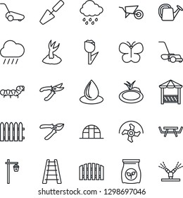 Thin Line Icon Set - trowel vector, ripper, fence, ladder, watering can, wheelbarrow, sproute, pruner, lawn mower, butterfly, water drop, rain, garden light, greenhouse, caterpillar, pond, tulip
