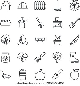 Thin Line Icon Set - trowel vector, garden fork, shovel, ripper, fence, rake, seedling, tree, bucket, boot, lawn mower, lady bug, water drop, hose, knife, pumpkin, fireplace, greenhouse, sprayer