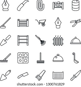Thin Line Icon Set - trowel vector, rake, wheelbarrow, pruner, saw, hoe, garden knife, cargo container, oil barrel, rack, application, paper clip, ink pen, heater, dish, ladle