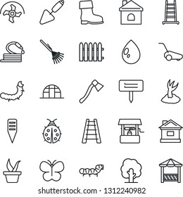 Thin Line Icon Set - trowel vector, ripper, fence, rake, ladder, seedling, tree, sproute, boot, lawn mower, butterfly, lady bug, house, water drop, well, hose, axe, plant label, greenhouse, alcove