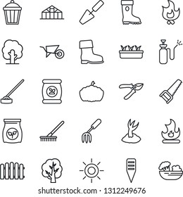 Thin Line Icon Set - trowel vector, garden fork, fence, rake, tree, wheelbarrow, sproute, pruner, boot, saw, fire, seedling, sun, hoe, plant label, pumpkin, light, greenhouse, sprayer, fertilizer