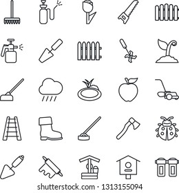 Thin Line Icon Set - trowel vector, fence, rake, ladder, sproute, boot, saw, lawn mower, lady bug, rain, well, hoe, axe, pond, bird house, garden sprayer, ripper, tulip, rolling pin, apple fruit