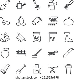 Thin Line Icon Set - trowel vector, garden fork, shovel, watering can, glove, boot, saw, lawn mower, seedling, water drop, hoe, knife, pumpkin, fireplace, seeds, caterpillar, pond, picnic table