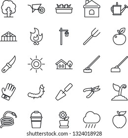 Thin Line Icon Set - trowel vector, farm fork, tree, watering can, wheelbarrow, bucket, sproute, pruner, glove, fire, house, seedling, sun, rain, hose, hoe, garden knife, light, greenhouse, with