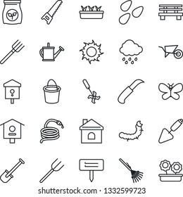 Thin Line Icon Set - trowel vector, shovel, farm fork, rake, watering can, wheelbarrow, bucket, saw, butterfly, house, seedling, sun, rain, hose, garden knife, plant label, bench, seeds, caterpillar