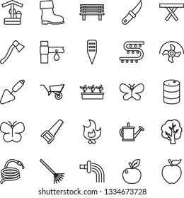 Thin Line Icon Set - trowel vector, ripper, rake, tree, watering can, wheelbarrow, boot, saw, butterfly, fire, seedling, well, hose, garden knife, axe, plant label, bench, picnic table, oil barrel