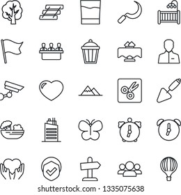 Thin Line Icon Set - trowel vector, tree, butterfly, sickle, garden light, heart hand, shield, user, alarm, cut, meeting, paper tray, mountains, children room, city house, restaurant table, drink