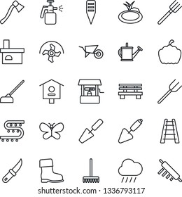 Thin Line Icon Set - trowel vector, farm fork, ripper, rake, ladder, watering can, wheelbarrow, boot, butterfly, rain, well, hoe, garden knife, axe, plant label, bench, pumpkin, fireplace, pond