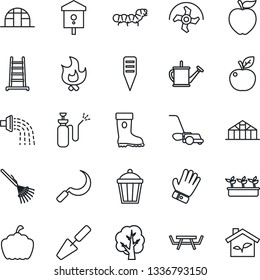Thin Line Icon Set - trowel vector, ripper, rake, ladder, tree, watering can, glove, boot, lawn mower, fire, seedling, sickle, plant label, pumpkin, garden light, greenhouse, caterpillar, bird house