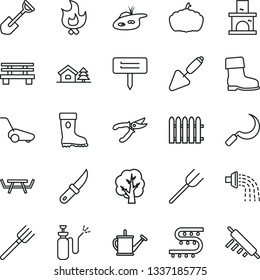 Thin Line Icon Set - trowel vector, shovel, farm fork, fence, tree, watering can, pruner, boot, lawn mower, fire, sickle, garden knife, plant label, bench, pumpkin, fireplace, picnic table, sprayer