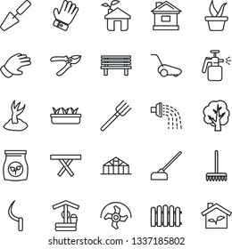 Thin Line Icon Set - trowel vector, farm fork, ripper, fence, rake, seedling, tree, watering, sproute, pruner, glove, lawn mower, house, well, hoe, sickle, bench, greenhouse, picnic table, eco