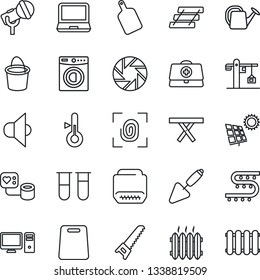 Thin Line Icon Set - trowel vector, watering can, bucket, saw, picnic table, drip irrigation, doctor case, blood pressure, test vial, microphone, speaker, laptop pc, hdmi, mobile camera, paper tray