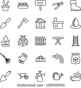 Thin Line Icon Set - trowel vector, fence, rake, ladder, seedling, watering can, wheelbarrow, pruner, glove, boot, lady bug, fire, house, water drop, axe, plant label, fireplace, greenhouse, salad