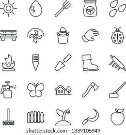 Thin Line Icon Set - trowel vector, farm fork, ripper, fence, rake, bucket, sproute, glove, boot, butterfly, lady bug, fire, water drop, sun, hoe, sickle, axe, plant label, bench, seeds, fertilizer