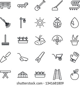 Thin Line Icon Set - trowel vector, shovel, ripper, rake, ladder, seedling, wheelbarrow, glove, saw, lawn mower, lady bug, water drop, sun, hoe, bench, garden light, greenhouse, caterpillar, pond