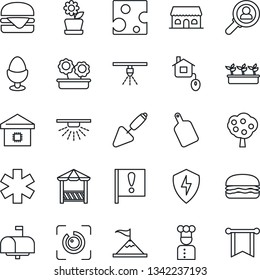 Thin Line Icon Set - trowel vector, seedling, ambulance star, important flag, protect, eye id, fruit tree, smart home, flower in pot, mailbox, cook, egg stand, cafe building, alcove, hamburger