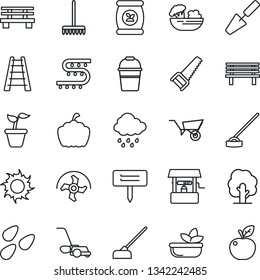 Thin Line Icon Set - trowel vector, ripper, rake, ladder, seedling, tree, wheelbarrow, bucket, saw, lawn mower, sun, rain, well, hoe, plant label, bench, pumpkin, seeds, fertilizer, drip irrigation