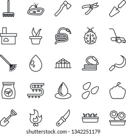 Thin Line Icon Set - trowel vector, shovel, rake, seedling, pruner, lawn mower, lady bug, fire, water drop, hose, sickle, garden knife, axe, pumpkin, fireplace, greenhouse, seeds, fertilizer, pond