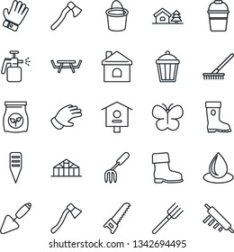 Thin Line Icon Set - trowel vector, garden fork, farm, rake, bucket, glove, boot, saw, butterfly, house, water drop, axe, plant label, light, greenhouse, picnic table, bird, sprayer, fertilizer