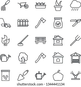 Thin Line Icon Set - trowel vector, garden fork, farm, seedling, tree, watering can, wheelbarrow, pruner, lawn mower, fire, house, rain, hoe, axe, bench, pumpkin, seeds, fertilizer, fence, alcove