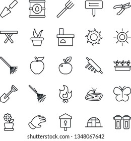 Thin Line Icon Set - trowel vector, shovel, farm fork, rake, seedling, pruner, glove, butterfly, fire, sun, plant label, fireplace, greenhouse, picnic table, bird house, oil barrel, pond