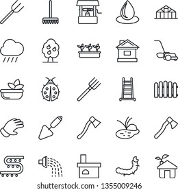 Thin Line Icon Set - trowel vector, farm fork, fence, rake, ladder, watering, glove, lawn mower, lady bug, house, seedling, water drop, rain, well, axe, fireplace, greenhouse, caterpillar, pond, eco
