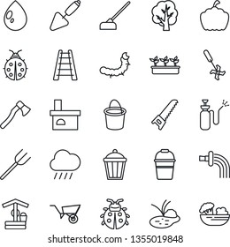 Thin Line Icon Set - trowel vector, farm fork, ladder, tree, wheelbarrow, bucket, watering, saw, lady bug, seedling, water drop, rain, well, hoe, axe, pumpkin, garden light, fireplace, caterpillar