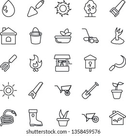 Thin Line Icon Set - trowel vector, garden fork, shovel, seedling, wheelbarrow, bucket, sproute, boot, saw, lawn mower, fire, house, water drop, sun, well, hose, sickle, bird, fruit tree, salad, eco