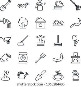 Thin Line Icon Set - trowel vector, shovel, farm fork, rake, tree, watering can, wheelbarrow, sproute, glove, house, well, hose, hoe, sickle, fireplace, caterpillar, pond, garden sprayer, fertilizer