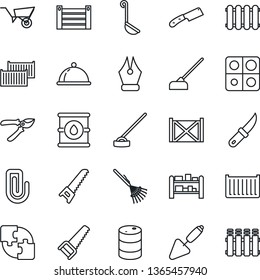 Thin Line Icon Set - trowel vector, rake, wheelbarrow, pruner, saw, hoe, garden knife, cargo container, oil barrel, rack, application, paper clip, ink pen, dish, ladle, radiator