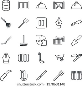 Thin Line Icon Set - trowel vector, farm fork, rake, wheelbarrow, pruner, garden knife, scalpel, cargo container, oil barrel, pause button, application, paper clip, ink pen, dish, ladle, radiator