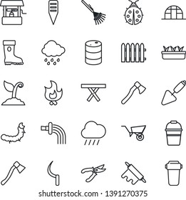 Thin Line Icon Set - trowel vector, fence, rake, wheelbarrow, bucket, watering, sproute, pruner, boot, lady bug, fire, seedling, rain, well, sickle, axe, plant label, greenhouse, caterpillar