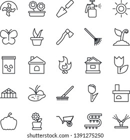 Thin Line Icon Set - trowel vector, ripper, rake, seedling, wheelbarrow, sproute, butterfly, fire, house, sun, axe, pumpkin, fireplace, greenhouse, seeds, pond, garden sprayer, drip irrigation