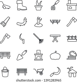 Thin Line Icon Set - trowel vector, garden fork, rake, seedling, wheelbarrow, bucket, sproute, boot, saw, lawn mower, hose, sickle, axe, bench, pumpkin, fireplace, caterpillar, picnic table