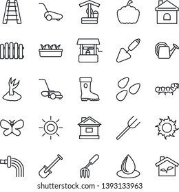 Thin Line Icon Set - trowel vector, garden fork, shovel, farm, fence, ladder, watering can, sproute, boot, lawn mower, butterfly, house, seedling, water drop, sun, well, pumpkin, seeds, caterpillar