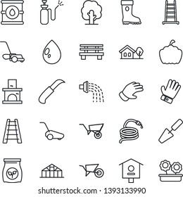 Thin Line Icon Set - trowel vector, ladder, tree, wheelbarrow, watering, glove, boot, lawn mower, water drop, hose, garden knife, bench, pumpkin, fireplace, greenhouse, bird house, sprayer, with